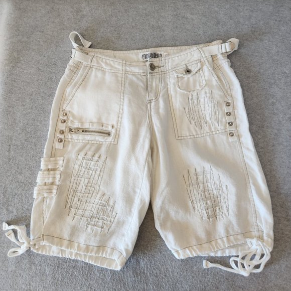 Monoreno Linen Distressed Button Accent Shorts Tie-Hem White Zip Pocket - Picture 2 of 11